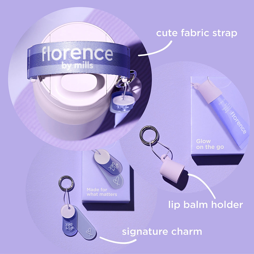 florence by mills x BRITA LARQ-fles op een paarse achtergrond met accessoires.