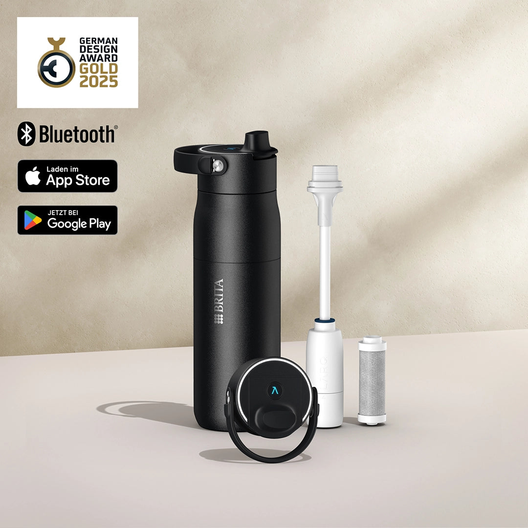 Black BRITA LARQ Bottle iQ with filter components and app connectivity features