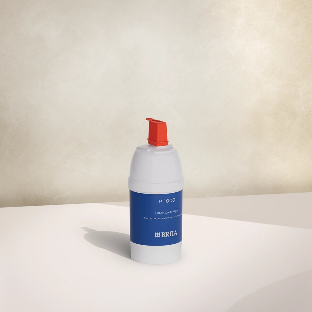 BRITA P 1000 filter cartridge on a beige background