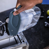 Person pouring filtered water from a blue BRITA Style Essential water filter jug into a coffee machine water tank.