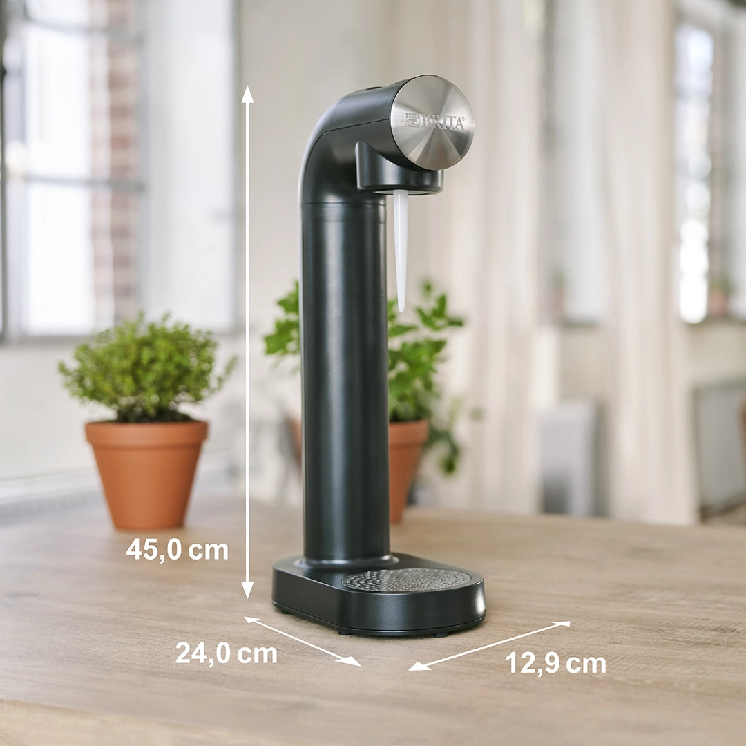 Black BRITA sodaONE Sparkling Water Maker with illustrated product dimensions.