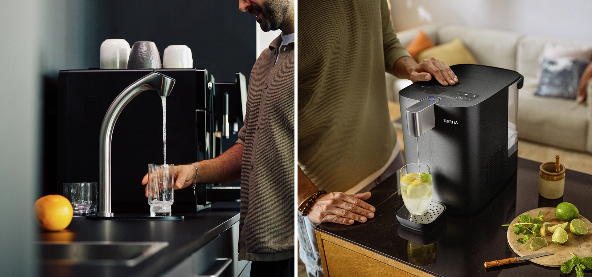 A split-screen lifestyle image showing BRITA water dispenser.